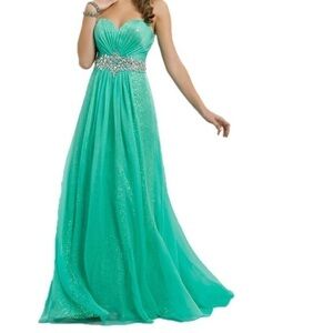Blush Elegant Aqua Evening Gown with Embellished Waist Size 10